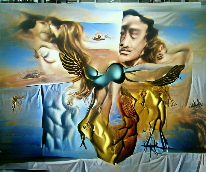 Icarus + Aphrodite; Renaissance Love Affair; surrealism Salvador Dali matte background melting oil on canvas
