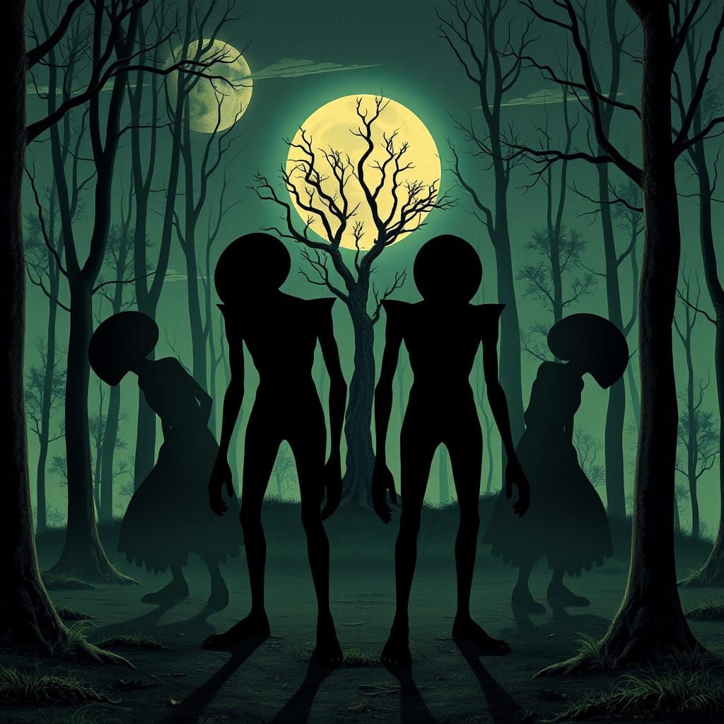 Surreal Alien Silhouettes in Escher and Van Gogh Style