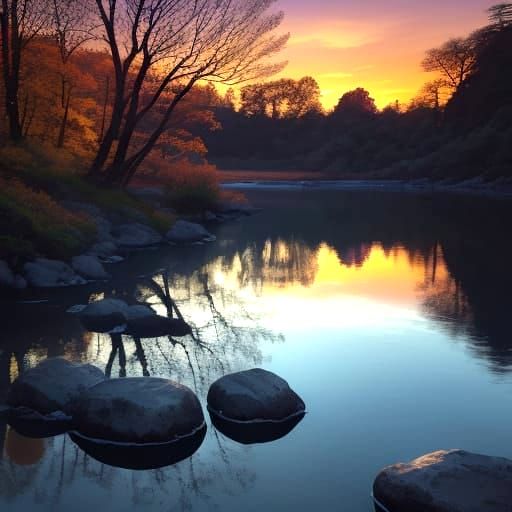 Surreal Sunset on Exotic Waterscape with Lush Vegetation