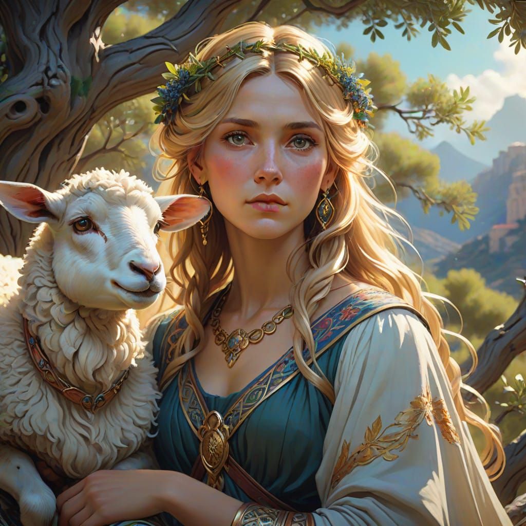 Greek Goddess Under Olive Branches