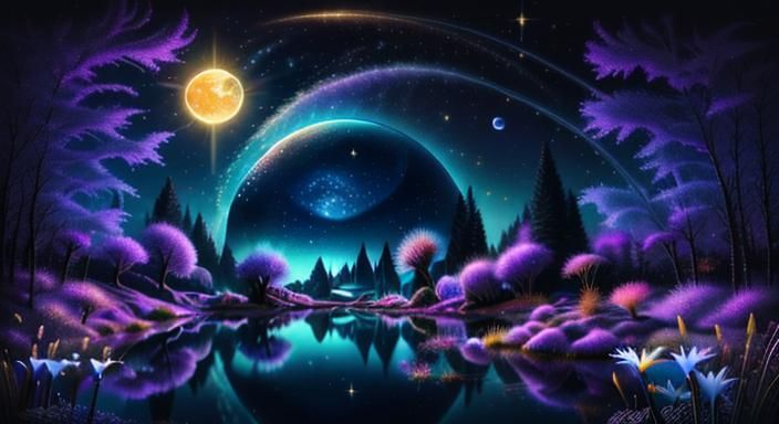 Surreal Celestial Masterpiece: Orb in Starry Pond