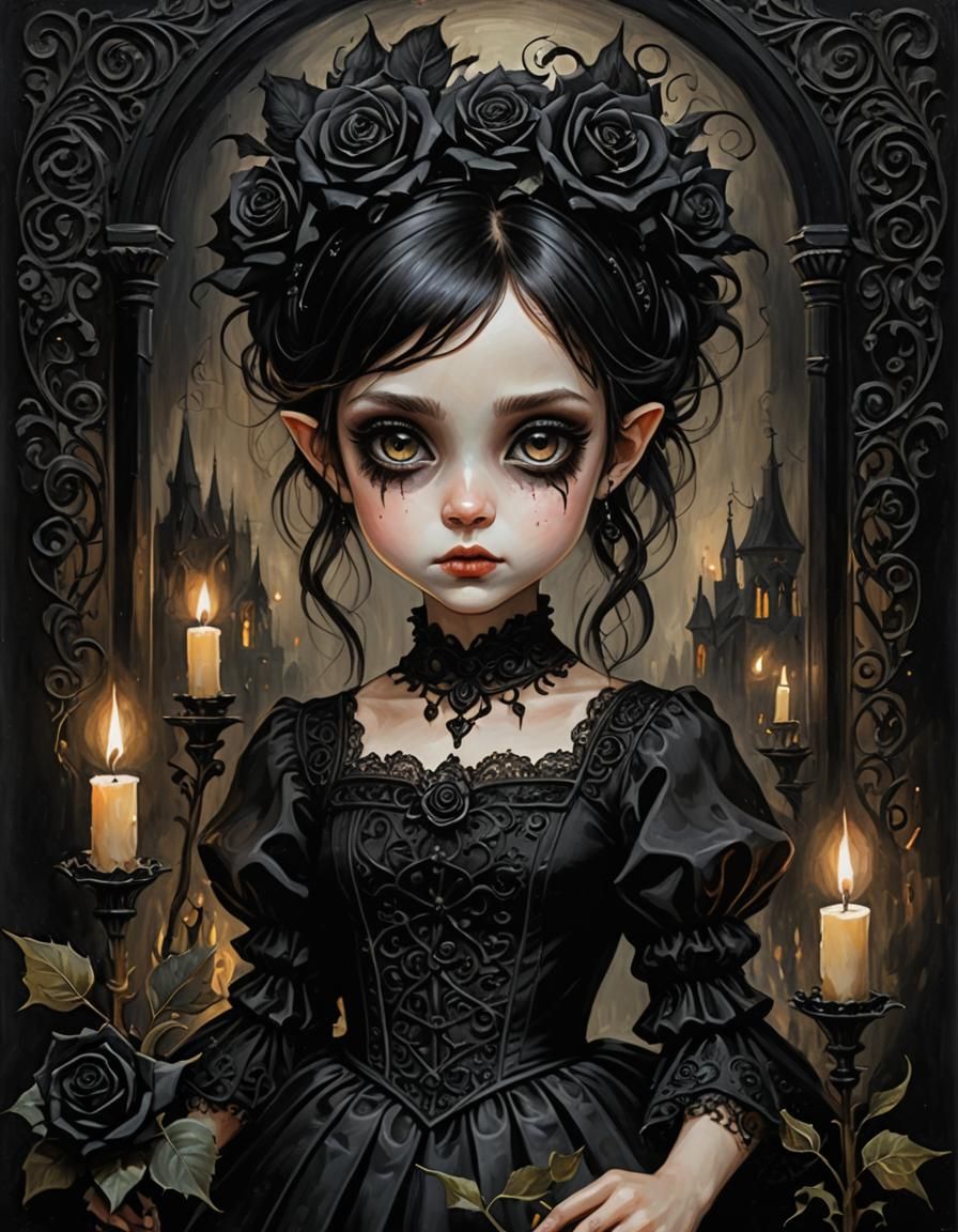 Gothic Pixie Girl in Candlelit Masterpiece