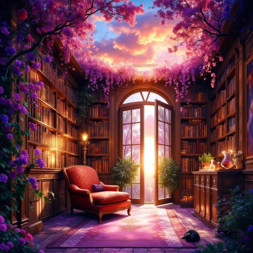 Magical Cozy Room With Books, Plants, and Sunset Sky
