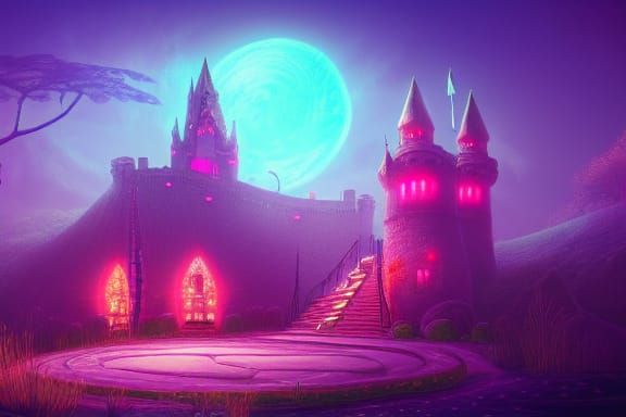 Fantastical Nighttime Castle in Neon Fantasy World