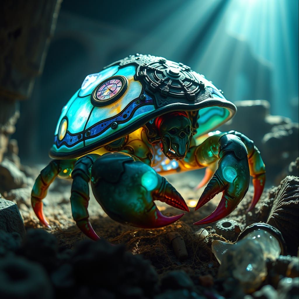 Bioluminescent Crab in Sunken Steampunk City