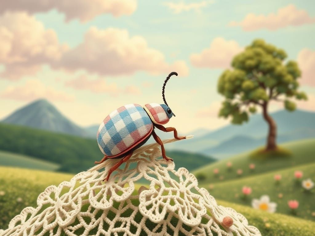 Gingham Beetle in Whimsical Landscape