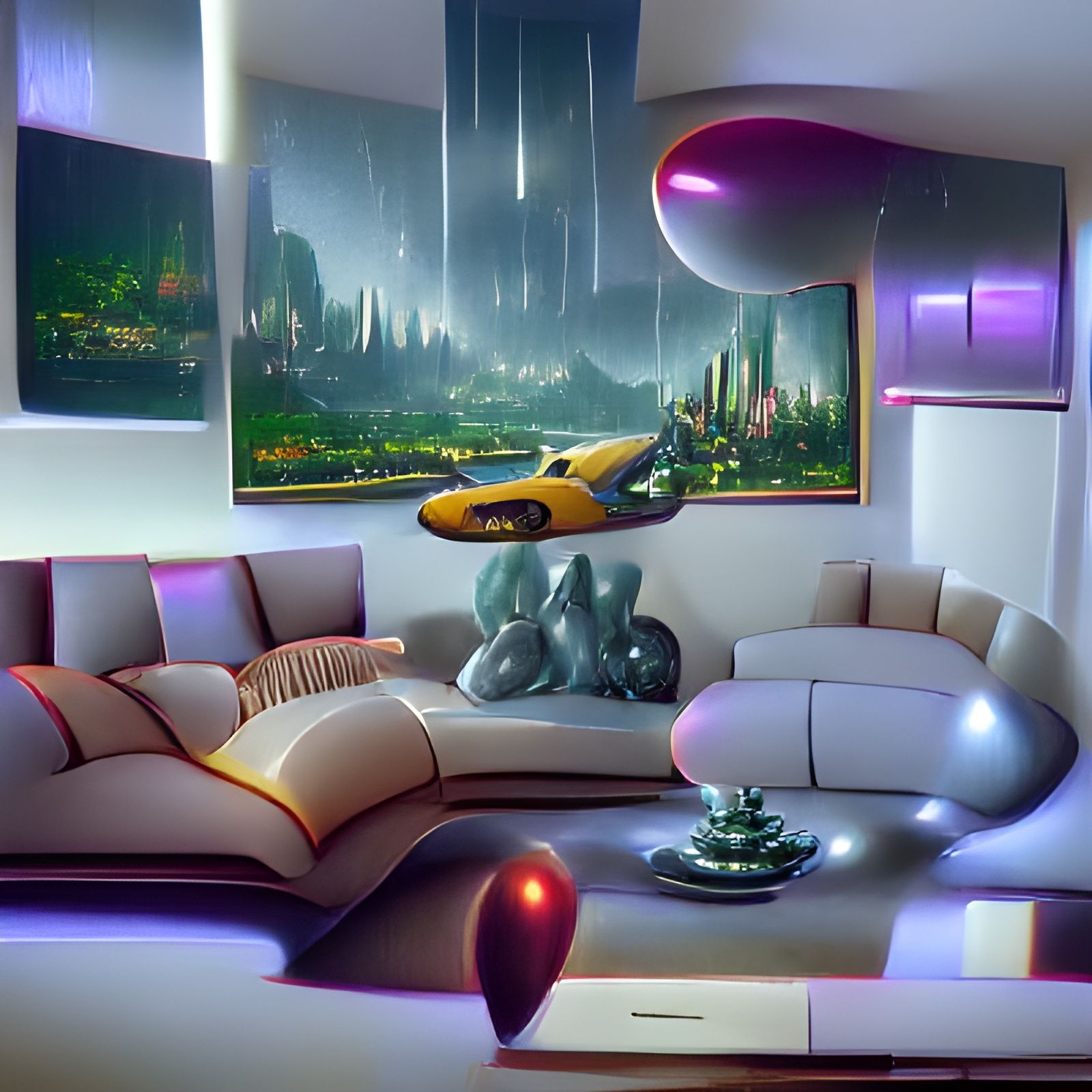 Retrofuturism Living Room Scene with Sci-Fi Art