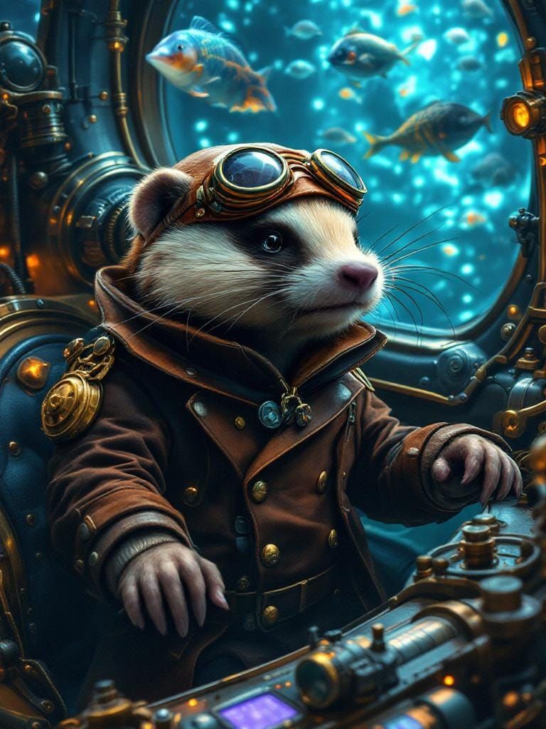 Steampunk Badger Submarine in Bioluminescent Ocean