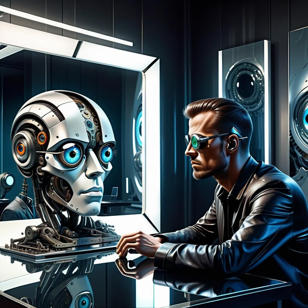 Man Contemplates Cybernetic Eyes in Futuristic Reflection