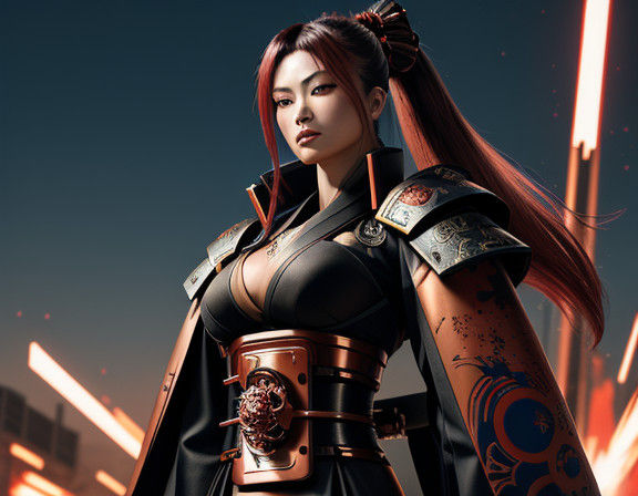 Steampunk Samurai Neko Robot in Metallic Silver Skin and Kim...