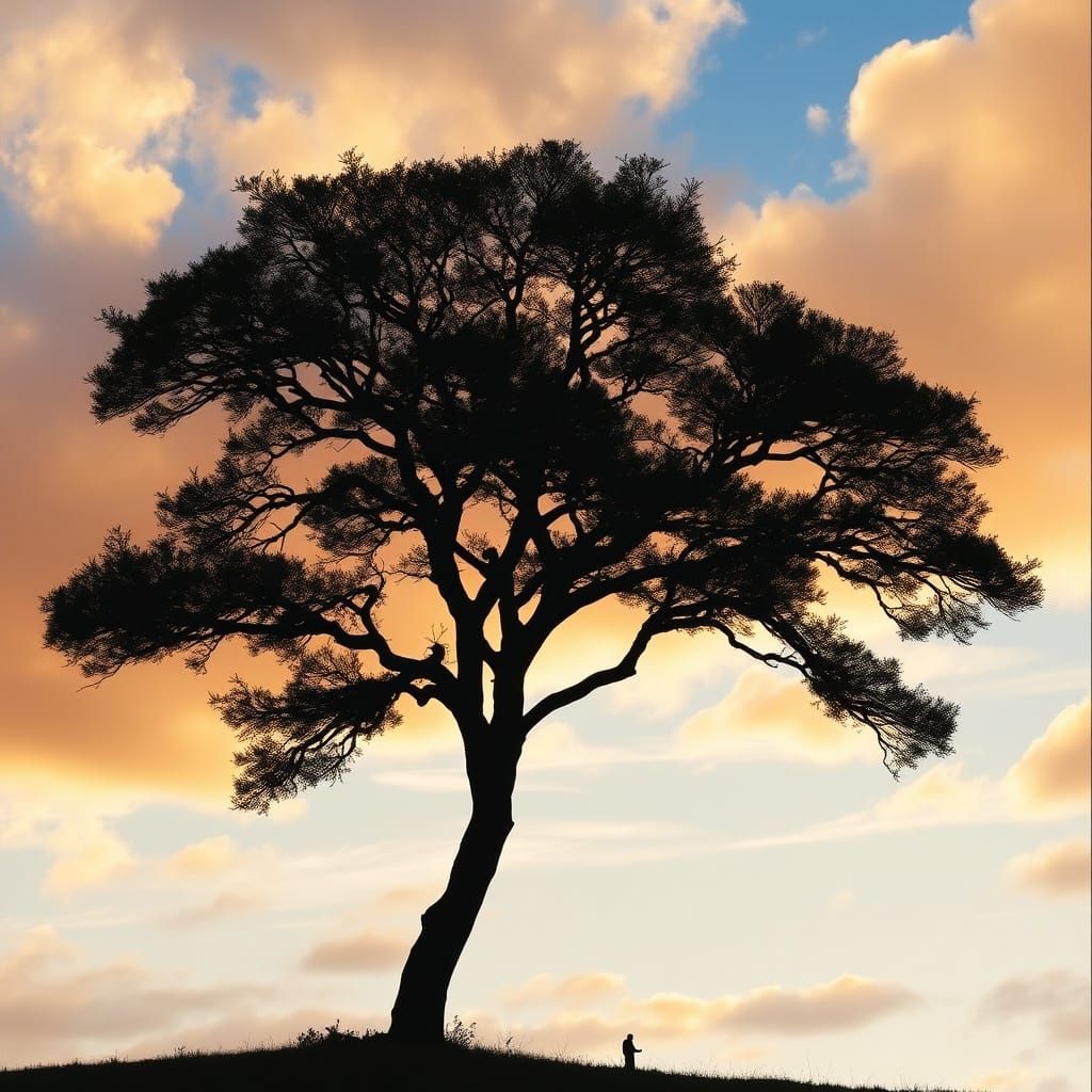 Airbrushed Tree Silhouette Against Cloudscape