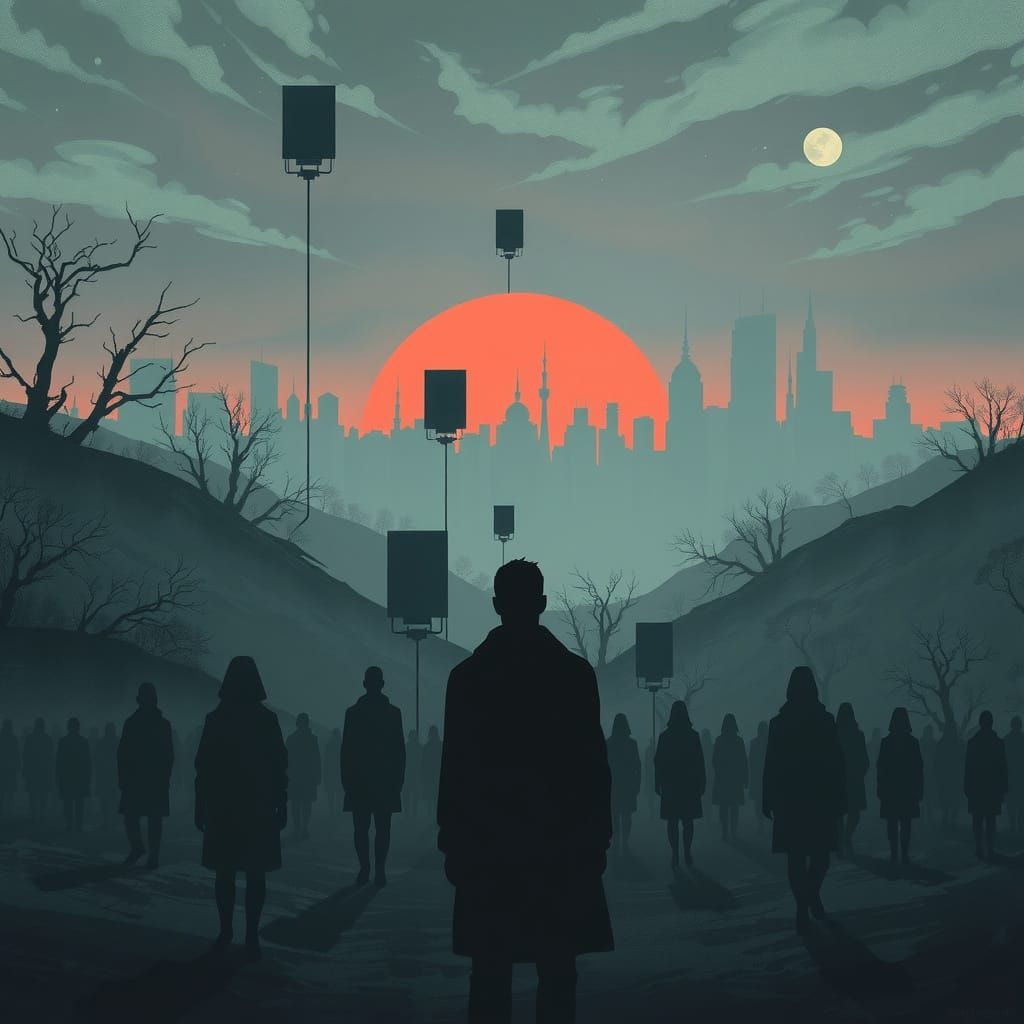 Dystopian Cityscape with Social Circles in Cyberpunk Style