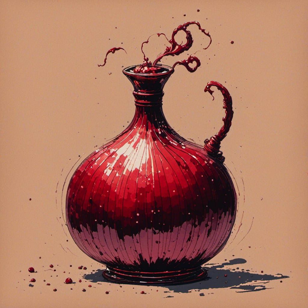 This onion-shaped bottle is made of translucent crimson glass.  It has a mid-length neck, stands about eight inches tall...