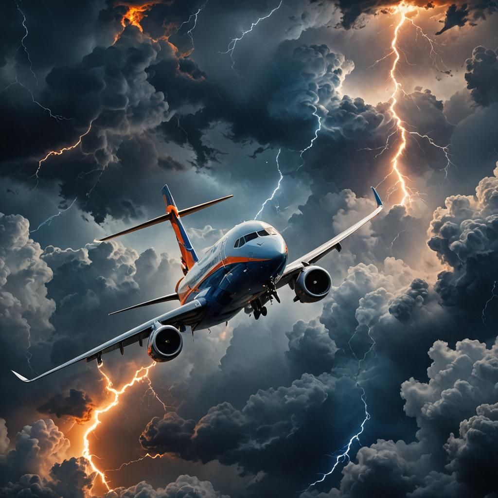 Dramatic Airplane in Turbulent Stormy Sky, Cinematic Oil Pai...