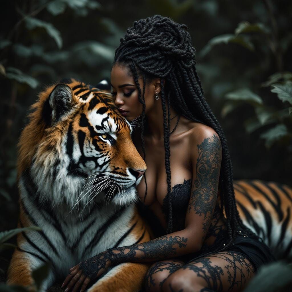 Woman and Tiger in Dark Jungle, Dramatic Lighting