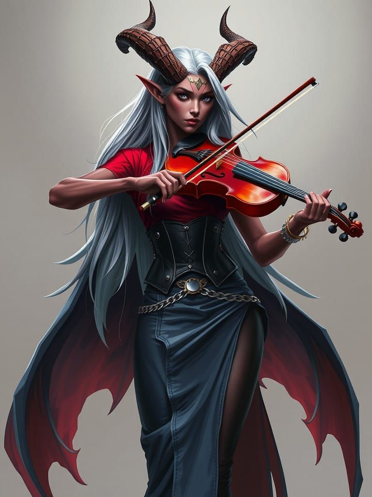Elegant Tiefling Bard with Dragon Horns in Dark Fantasy Styl...