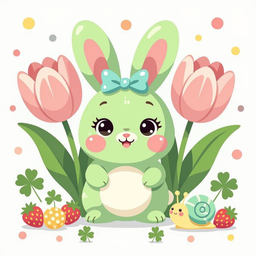 Pastel Bunny Peeking Behind Tulip in Kawaii Style