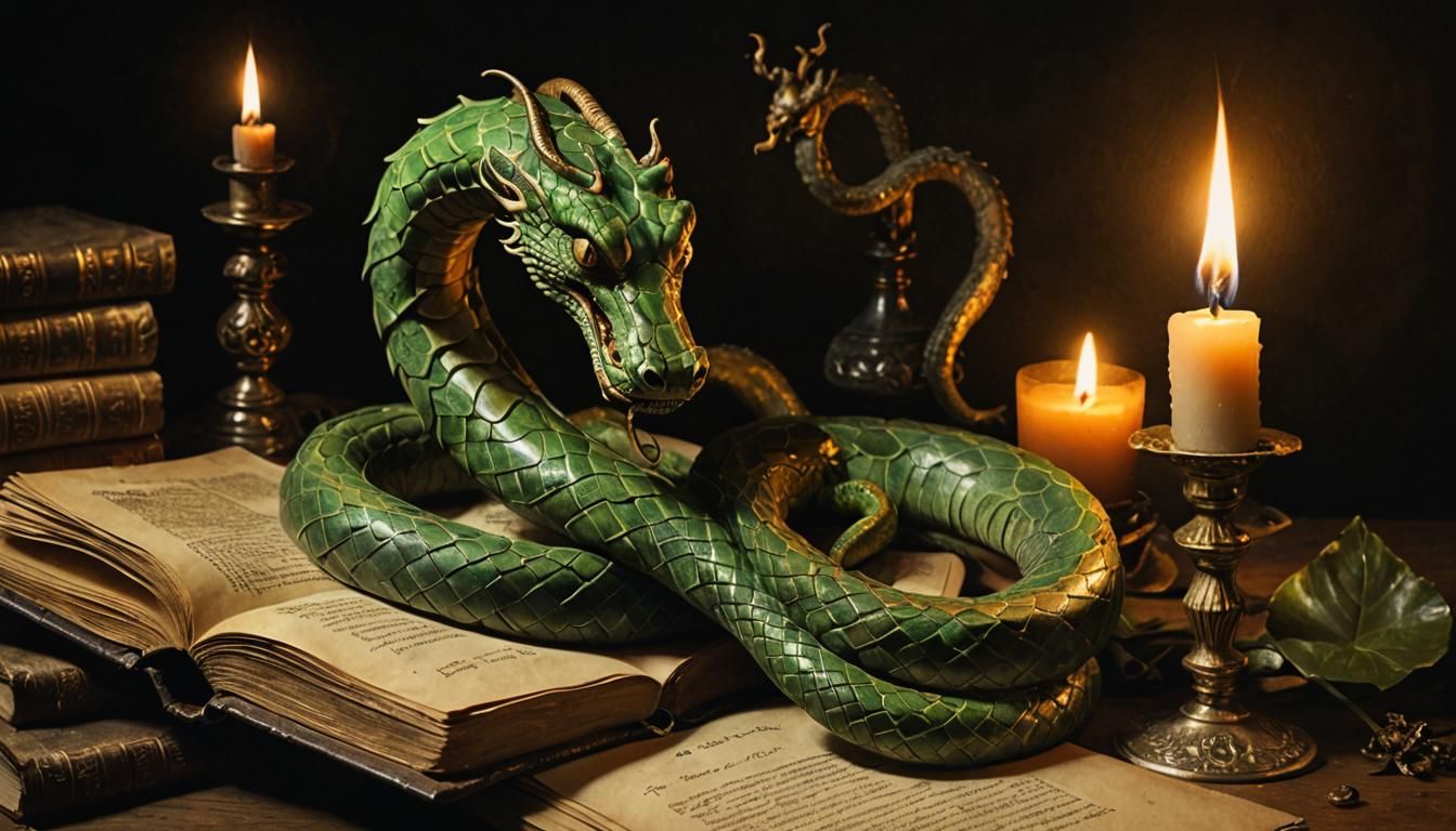 Whimsical Mystic Still Life with Green Serpent and Candle