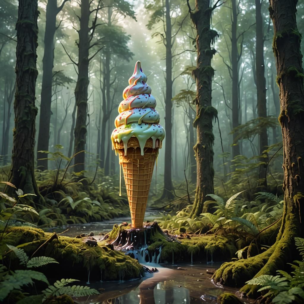 Surreal Ice Cream Landmark in Mystical Forest