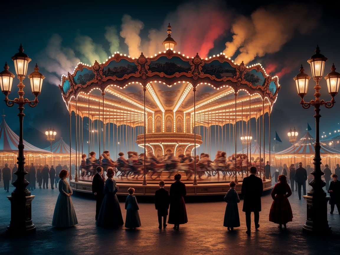 Victorian London Fairground Carousel at Night