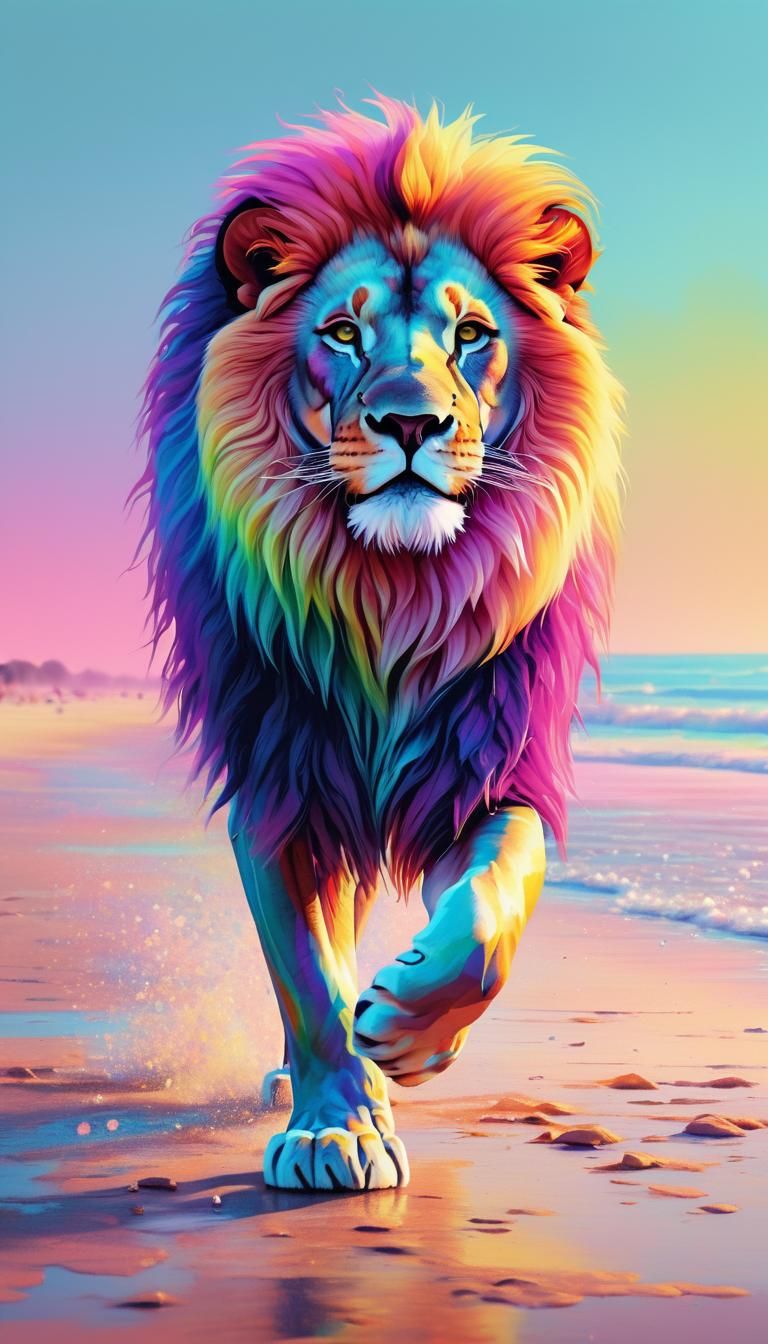 Art déco, Arts Décoratifs, A rainbow Lion running on a pastel ombre beach, by Joé Descomps-Cormier, Perfect gradient fro...