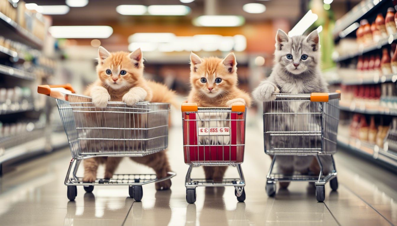 Kittens in Grocery Store Shopping for Milk in a Bokeh Effect