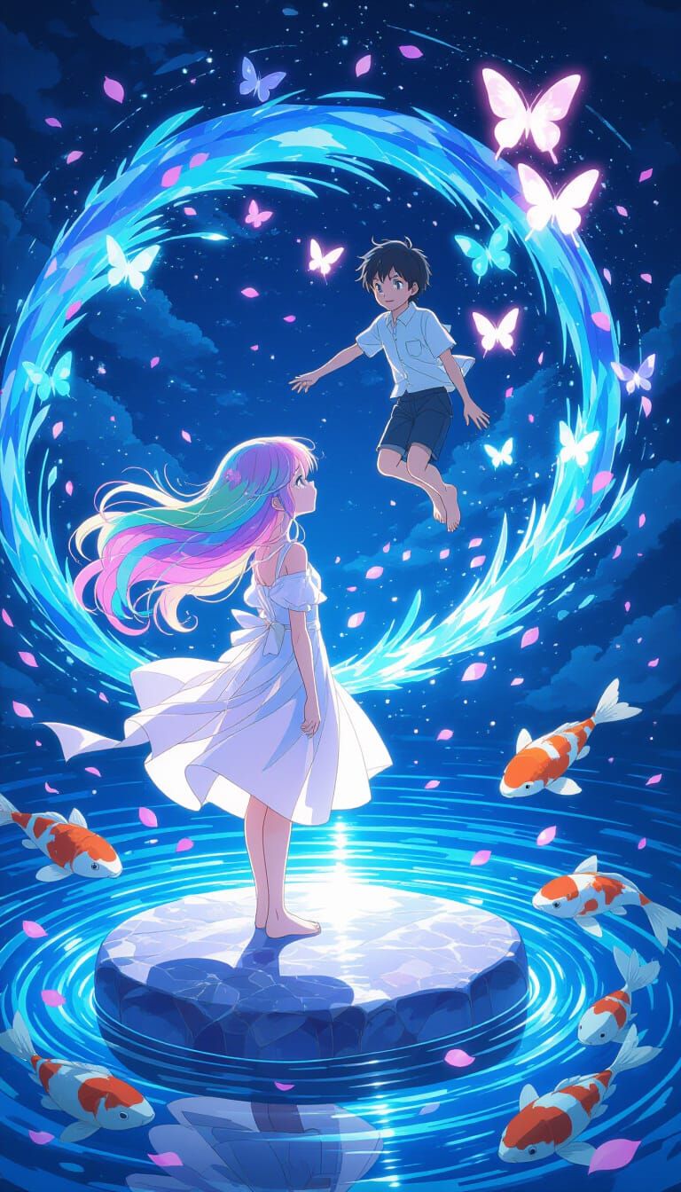 Radiant Anime Dreamscape with Koi and Light