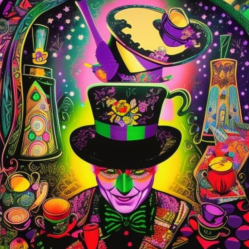Blacklight  poster of   The Mad Hatter in Wonderland,wearing a patchwork  coat of  many colors having tea  with Alice , ...