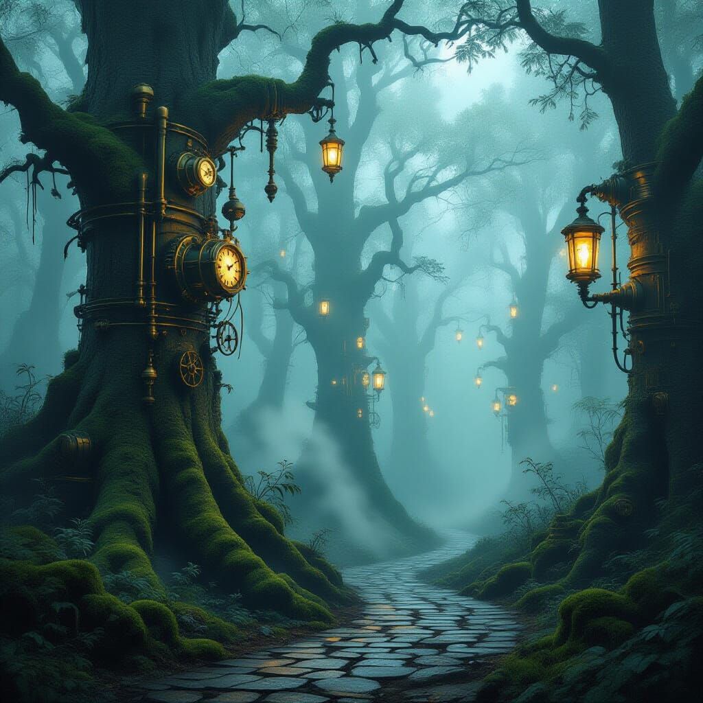 Steampunk Forest with Clockwork Trees and Fog