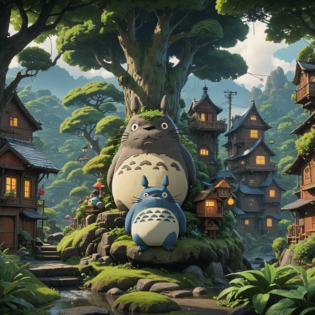 Whimsical Totoro Neighbor in Vibrant Fantasy Scene