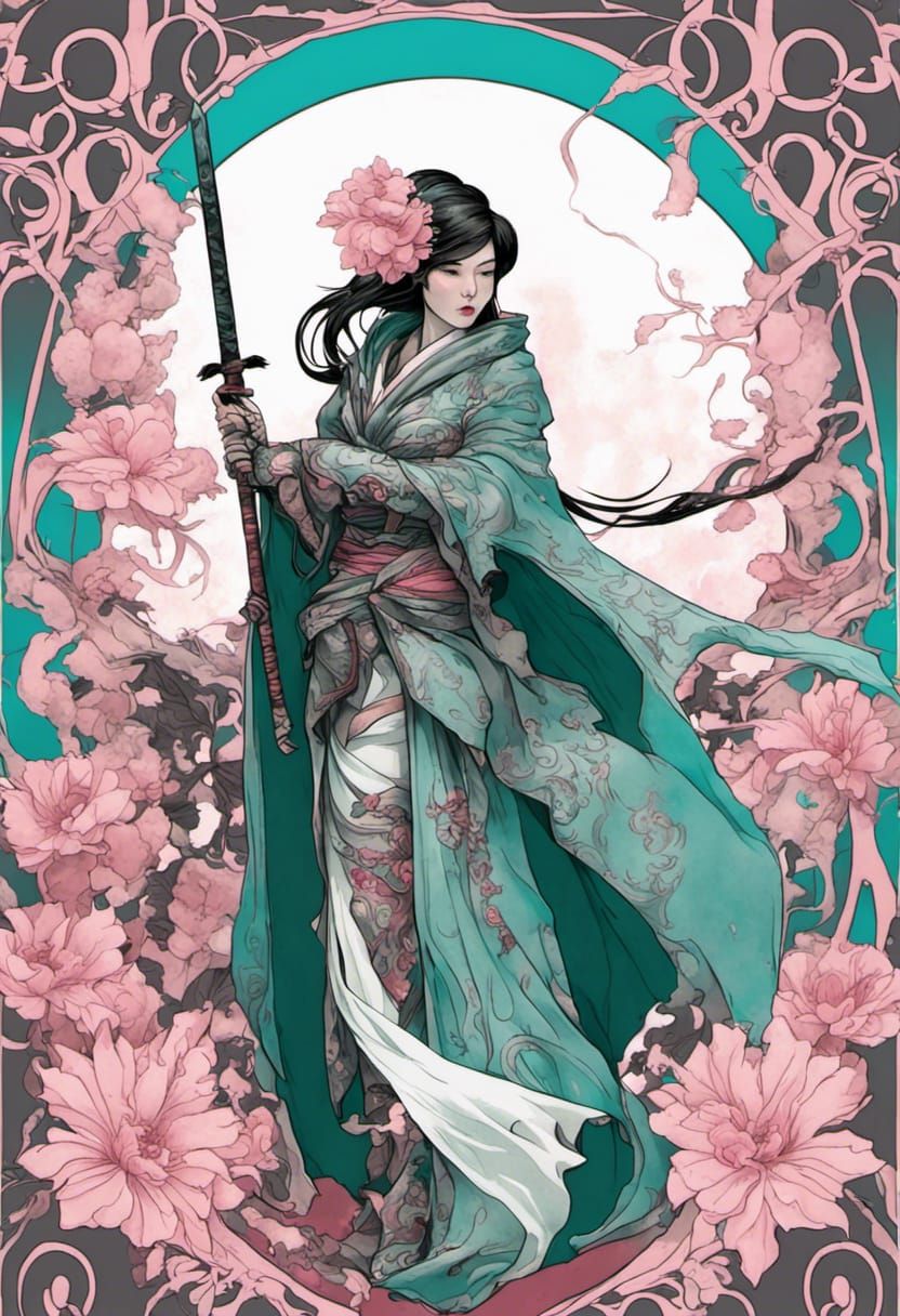 Dark Fantasy Art Nouveau Lady Samurai in Tattered Cape