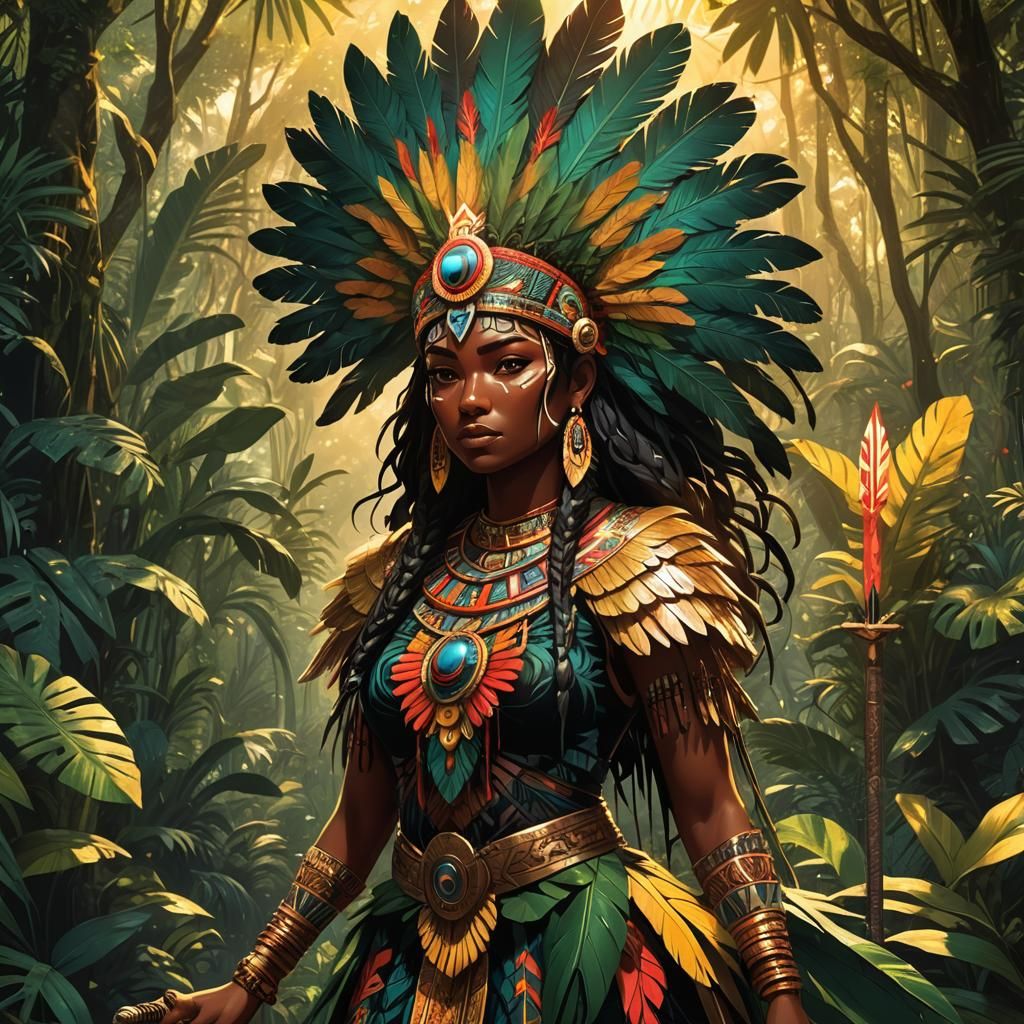 Mystical Aztec Goddess in Vibrant Tropical Jungle