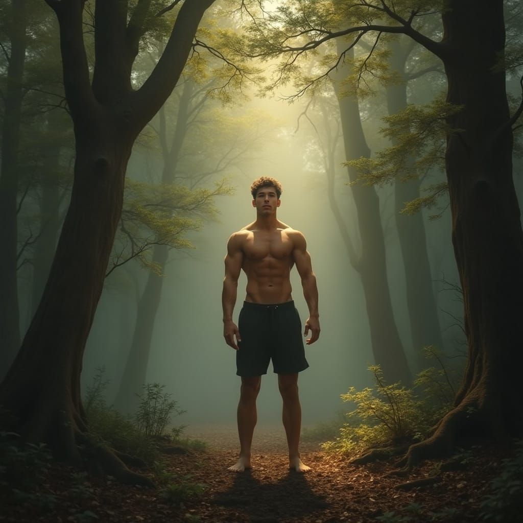 Confident Young Hero in Misty Forest Landscape