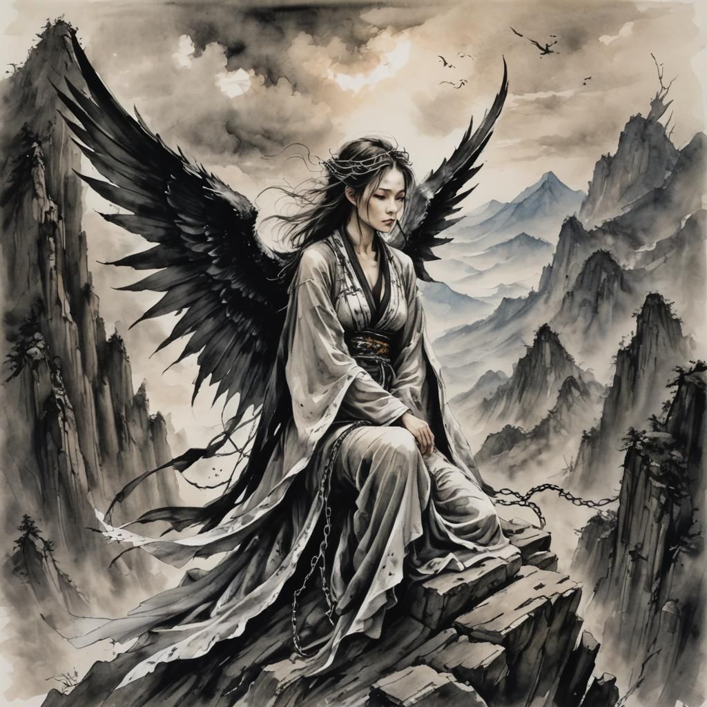 Dark Fantasy Female Angel in Apocalyptic Landscape, Inspired...