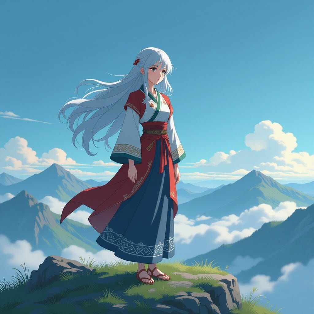 Anime Girl in Macedonian Dress on Mountaintop