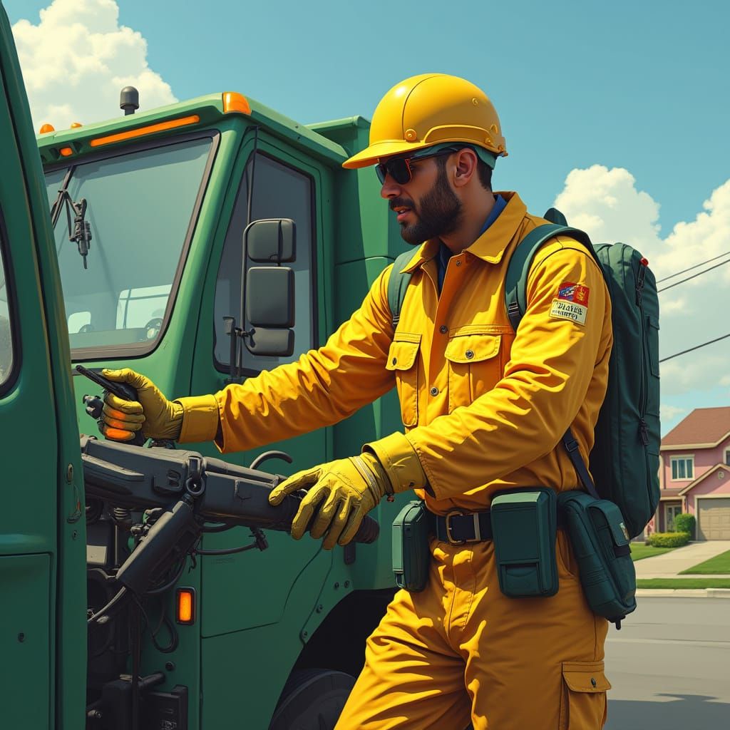 Garbage Truck Driver in Futuristic Suburbia
