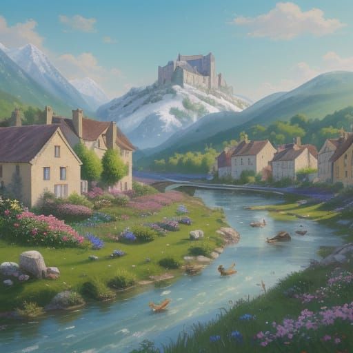 French Village Picnic in Gouache Watercolor Style