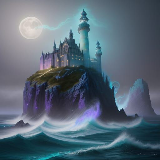 Turquoise Lighthouse in Moonlit Fog: Fantasy Concept Art