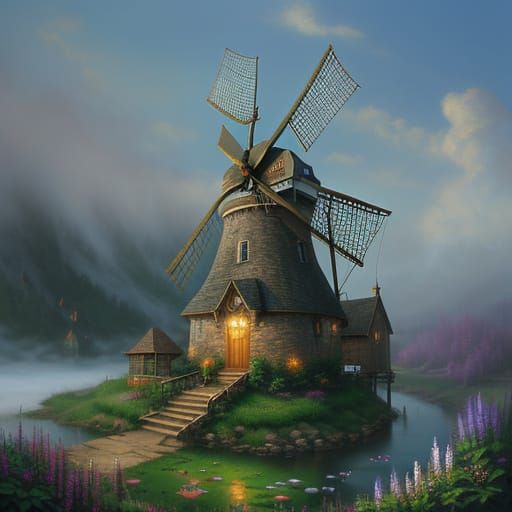 Whimsical Village Windmill in Ethereal Mists