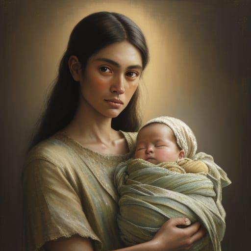Woman Holding Baby Girl in Luminous Oil Painting