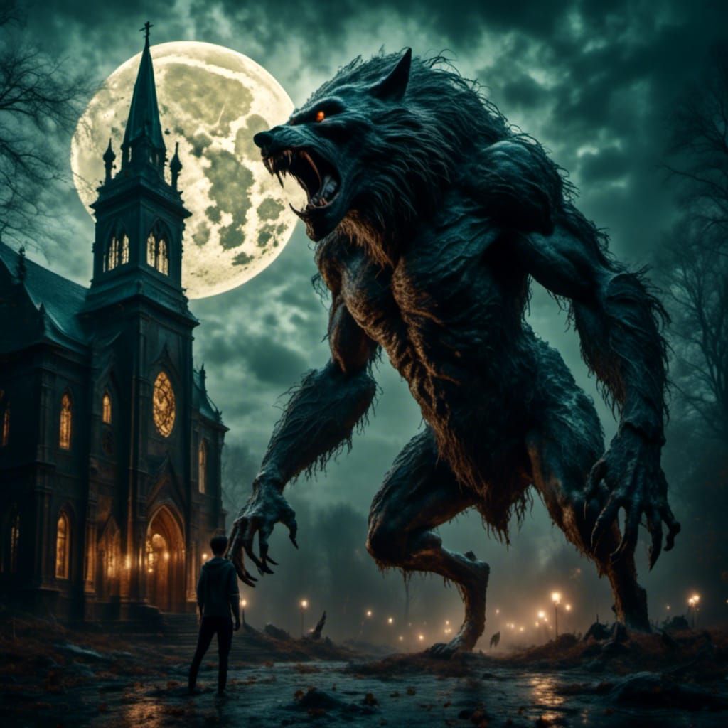 Monstrous Werewolf Lurks Before Church in Midnight Hush