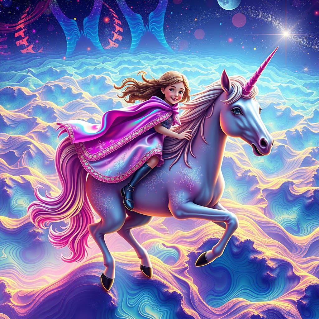 Dreamlike Scene of Smiling Girl Riding Unicorn in Rainbow-Hu...