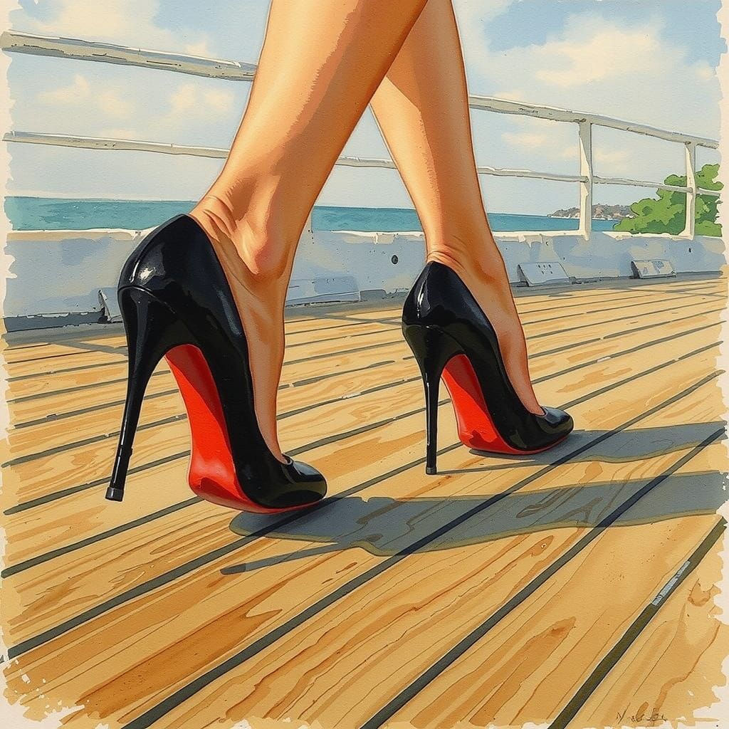 Woman's High Heels on Boat Deck in Watercolor