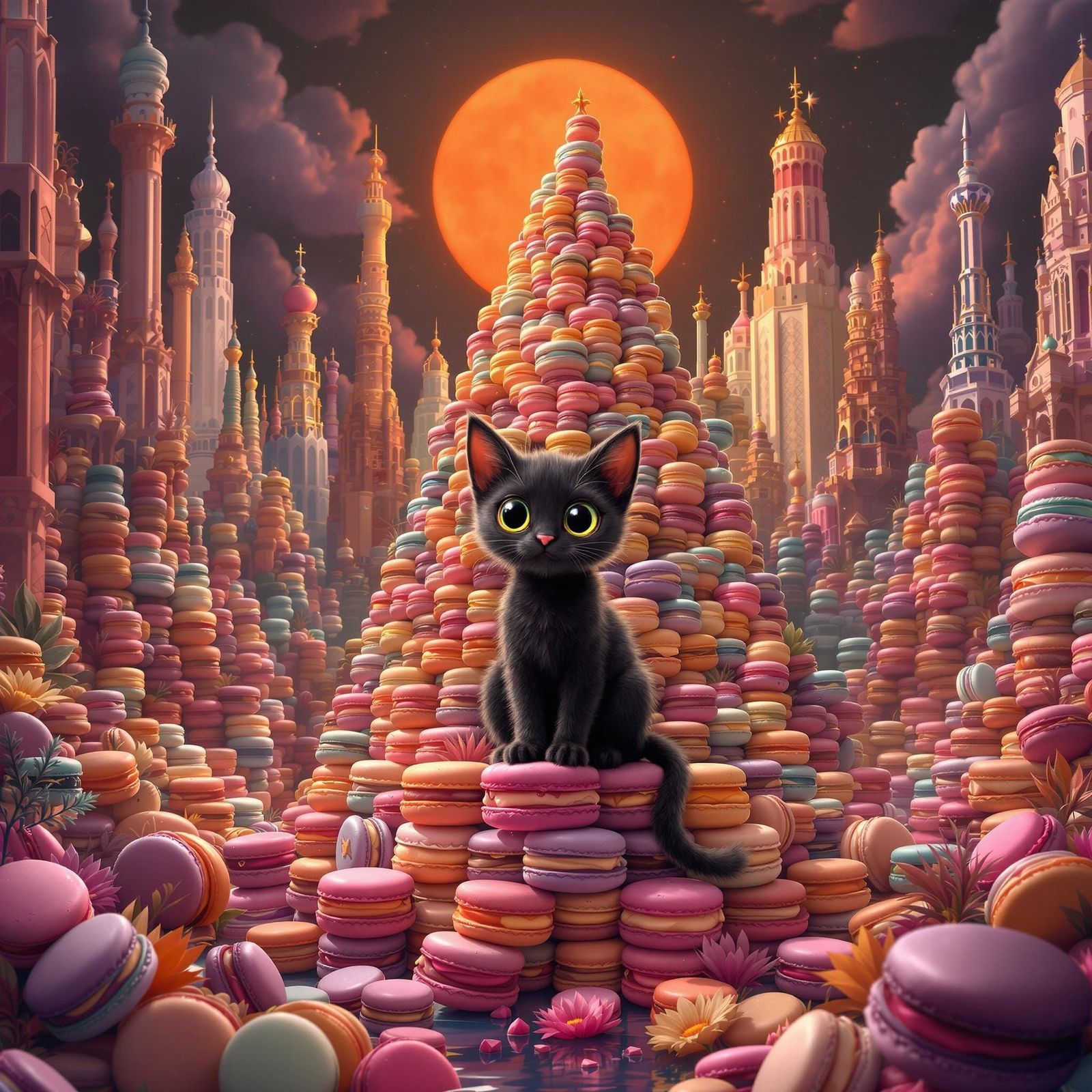 From an elevated Birds Eye perspective looking down at a Adorable animated, whimsical, black thin fur kitten with oversi...