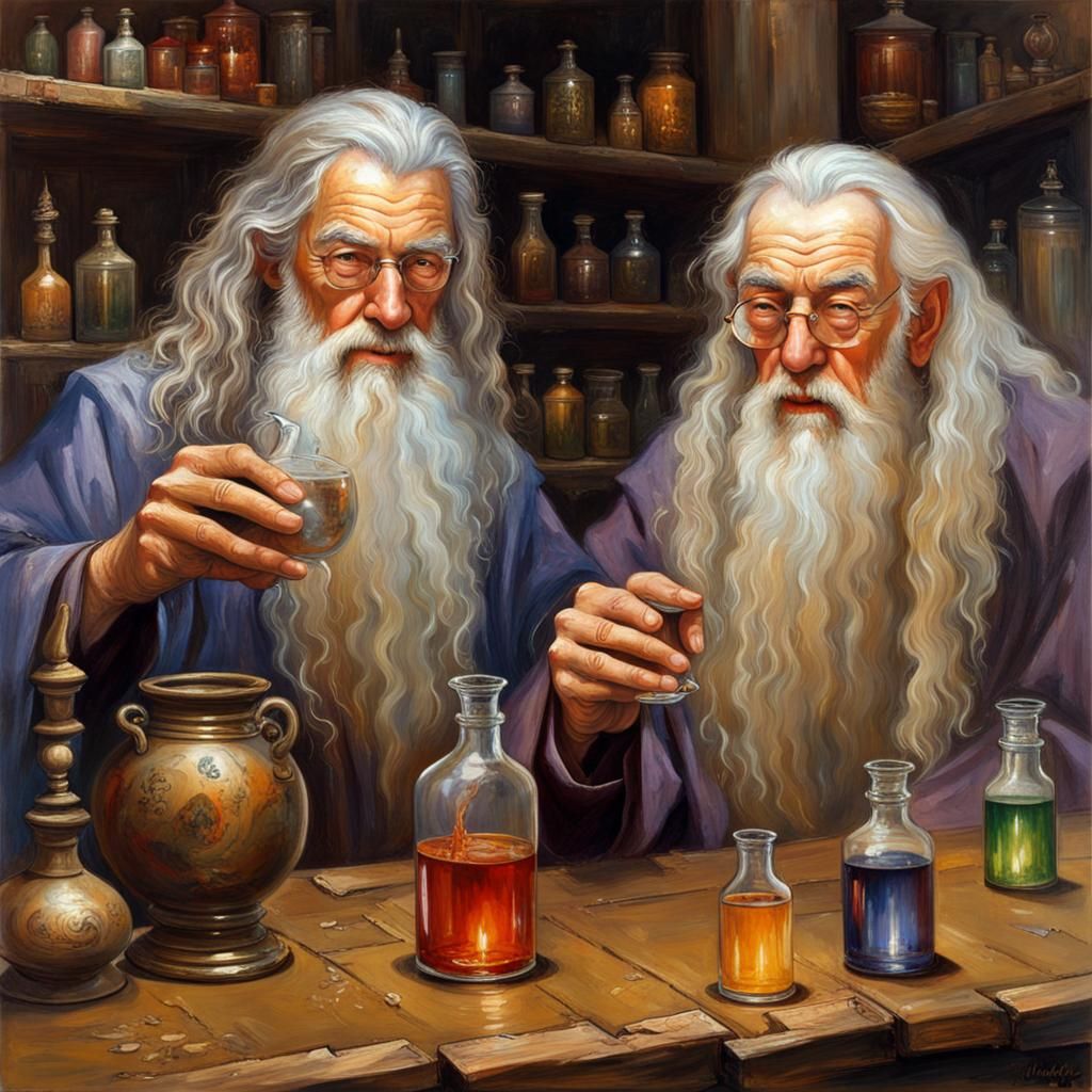 Wizards in Enchanted Study, Oil Painting