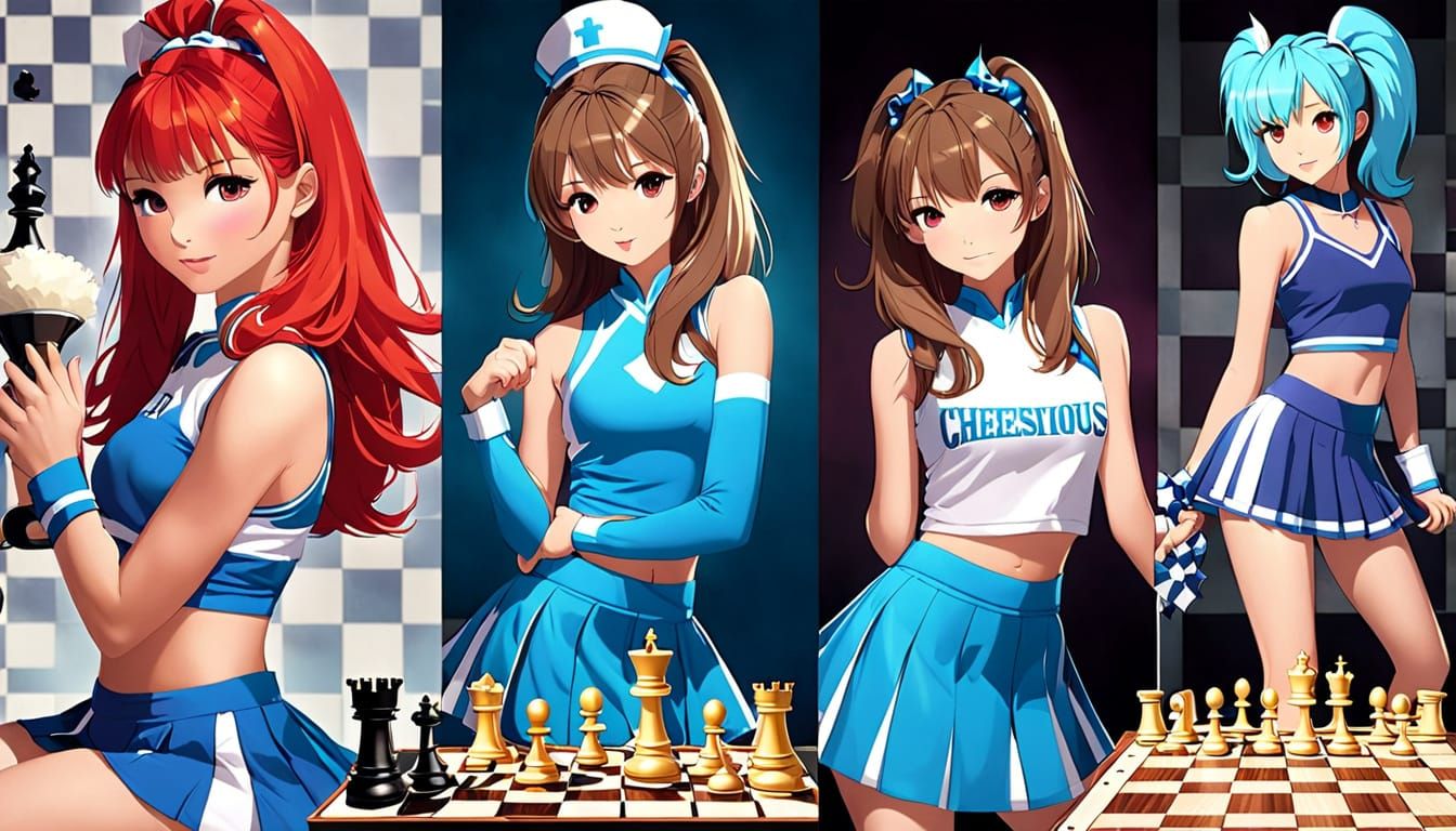 Sultry Cheerleaders in Chess-Inspired Anime Style