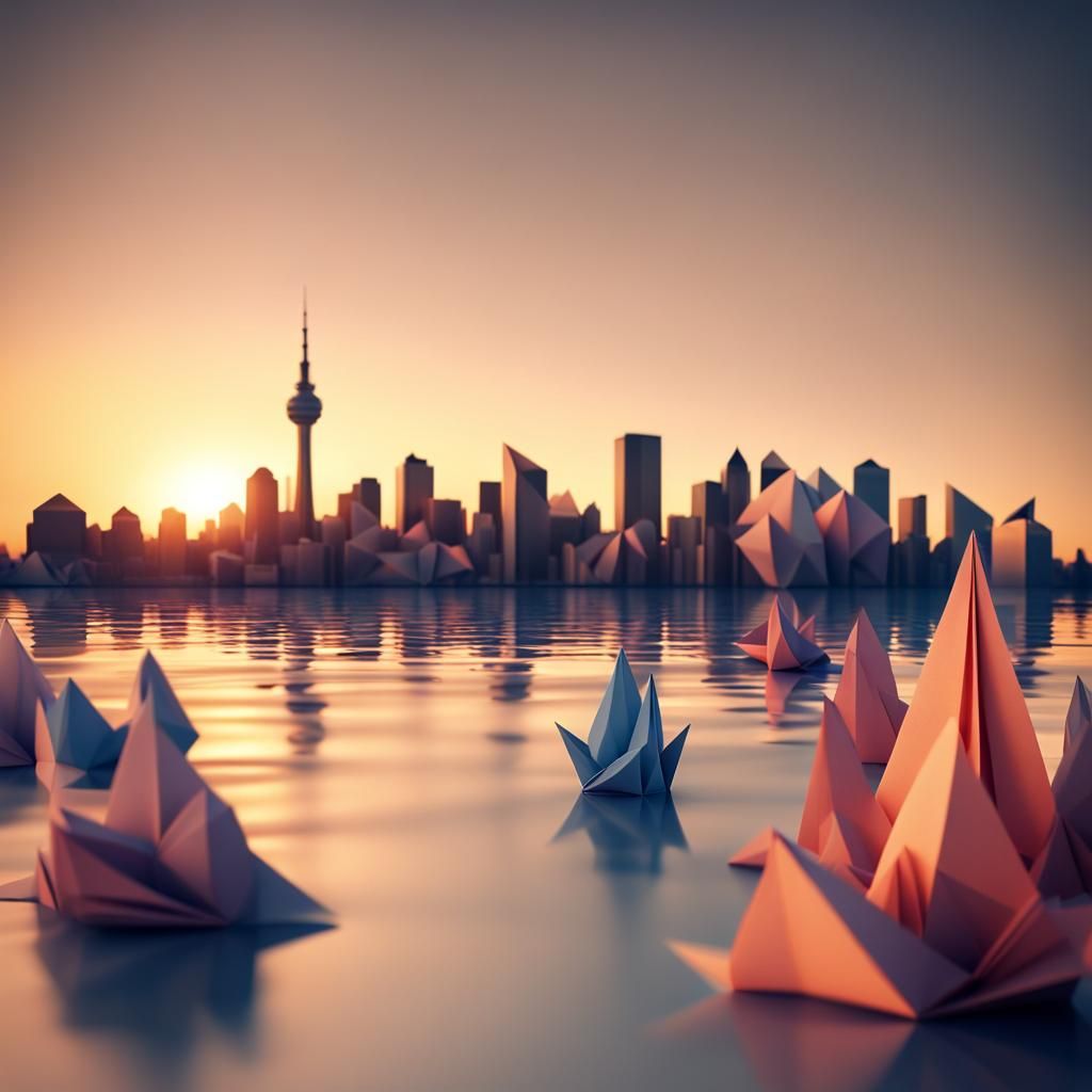 City Skyline Across the Water at Sunset in Papercraft Style