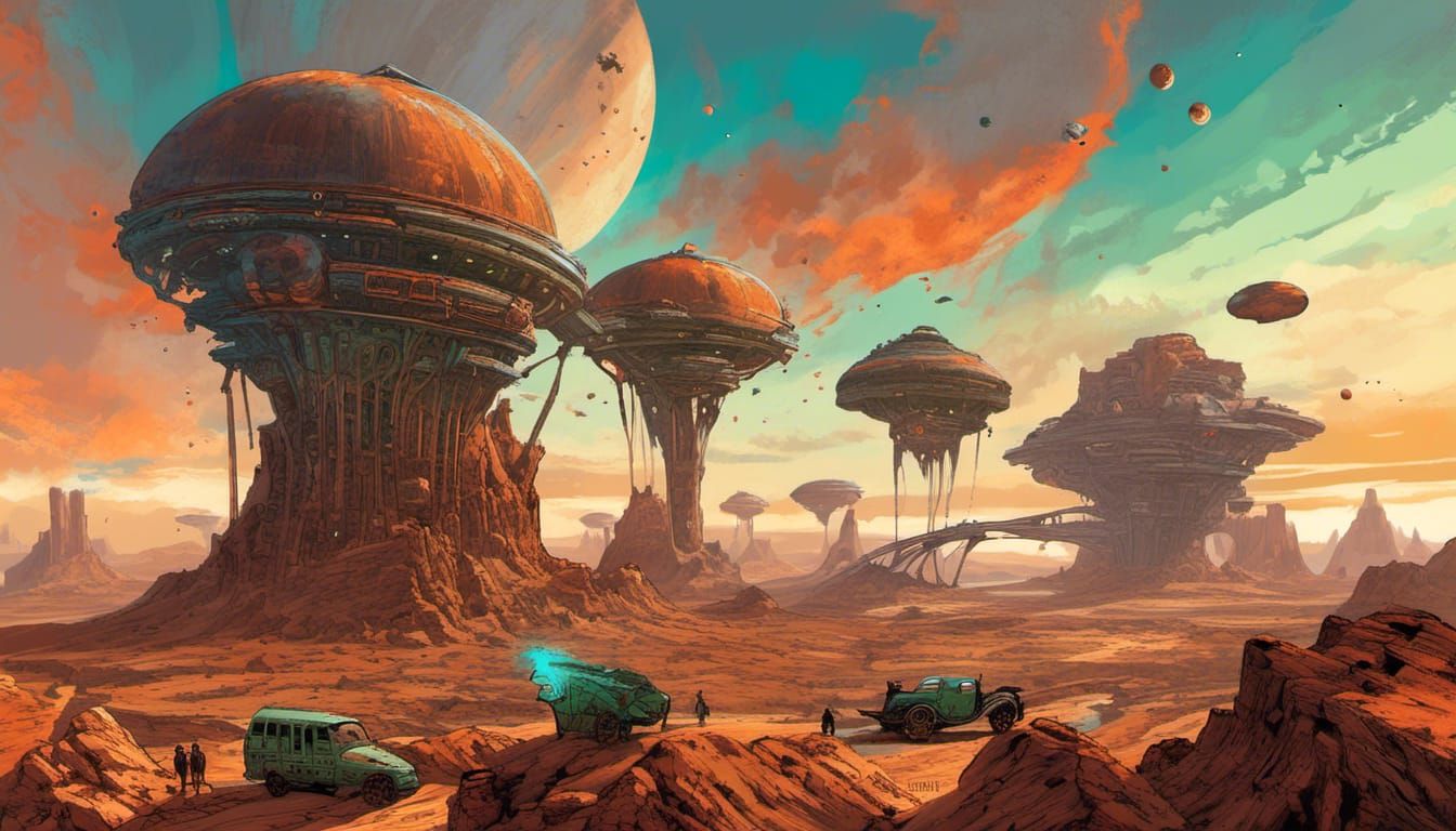 Surreal Exoplanet Landscape in Hyperreal Style with Alien Ho...