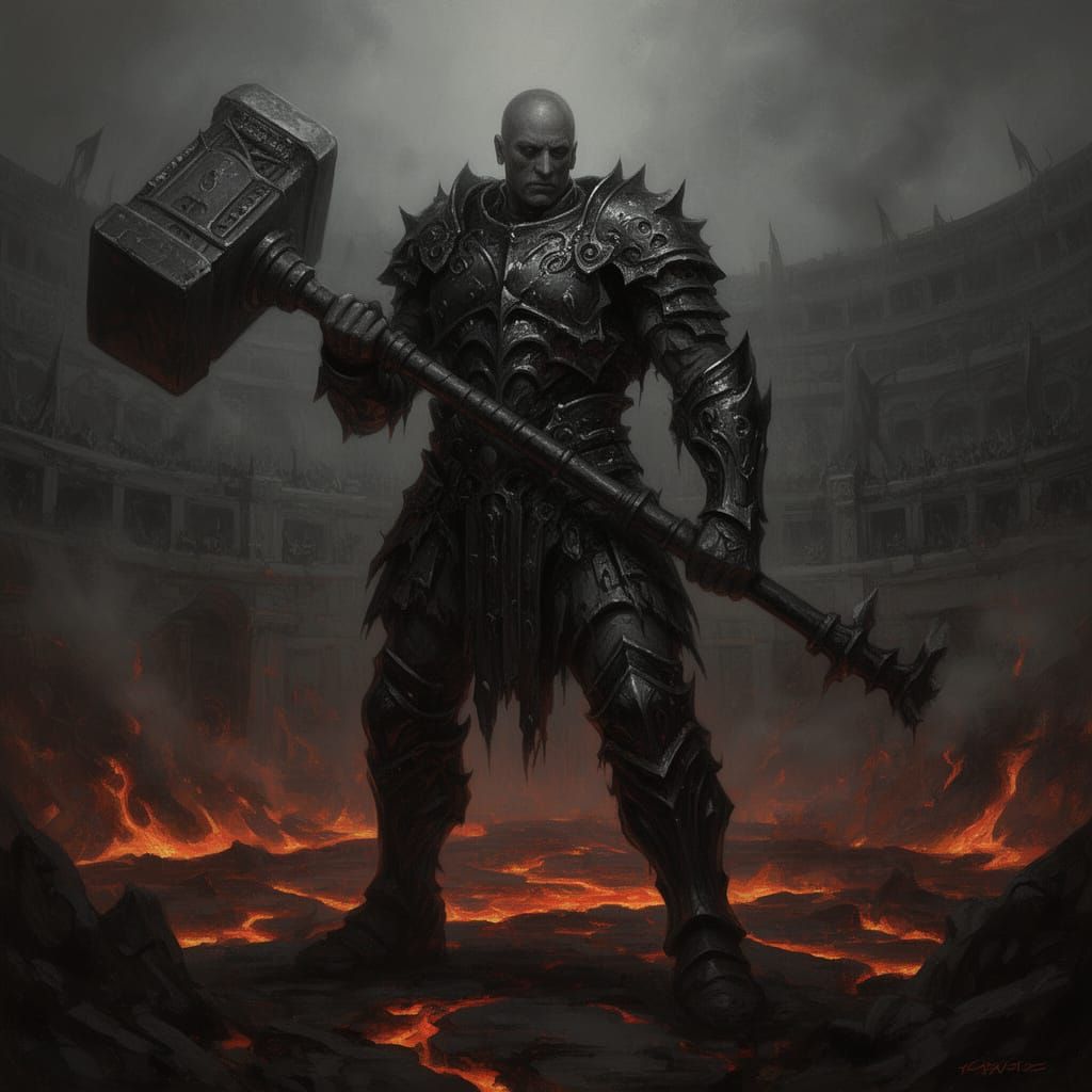 Dark Fantasy Gladiator with Hammer in Lava Arena