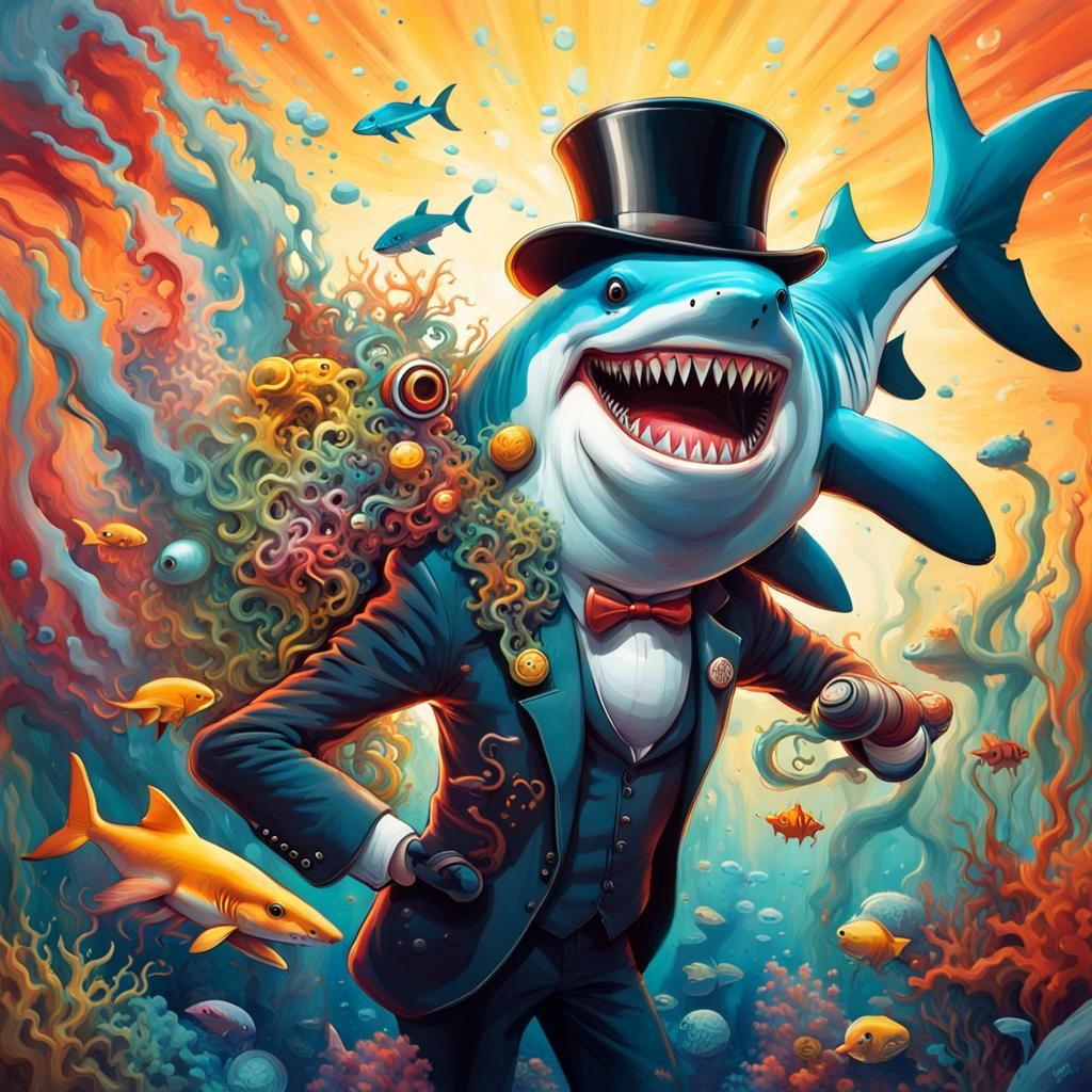 Shark in Top Hat Smiles Underwater with Snorkeler